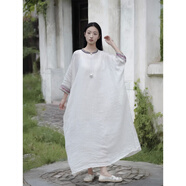 知筆墨夏款新品原創(chuàng)設(shè)計(jì)個(gè)性慵懶高端亞麻連衣裙 半袖文藝佛系中長裙 白色 均碼