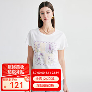 帕羅（PALUOPO）短袖印花t恤上衣女春夏含桑蠶絲韓版正肩半袖天絲小t透氣白色休閑 白色 小花 L (165/88A)
