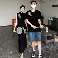 情侶裝夏裝一男一女套裝新中式國(guó)風(fēng)長(zhǎng)款刺繡T恤連衣裙一裙一衣夏 女連衣裙 M