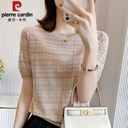 皮爾卡丹（pierre cardin）桑蠶絲織針衫短袖t恤女裝薄款大碼圓領(lǐng)夏季新款鏤空寬松短袖上衣 駝色 XL 建議120-130斤
