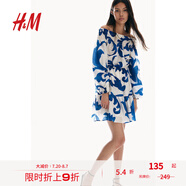 H&M女士花卉連衣裙夏季一字領露肩燈籠袖長袖寬松連身裙1238328 白色/藍色圖案 155/80 XS