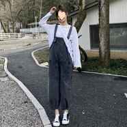 仙僖俫2025韓版牛仔背帶褲女寬松九分闊腿潮 牛仔黑5688# S 建議80-95斤
