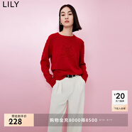 LILY春新款女裝含綿羊毛時(shí)尚氣質(zhì)通勤休閑紅色針織衫套頭毛衣女 103大紅 S