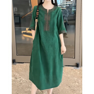 花花公子（PLAYBOY）中長(cháng)款刺繡香云紗連衣裙女2025夏季新款韓版高端寬松顯瘦真絲裙子 綠色 L