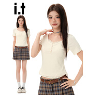 :CHOCOOLATE it奶杏色半開(kāi)領(lǐng)假兩件T恤女夏季薄款收腰小碎花短袖 奶杏色 S