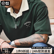 馬登工裝 撞色polo領(lǐng)短袖美式復(fù)古刺繡打底衫學(xué)院風(fēng)翻領(lǐng)重磅t恤男夏 深綠色 版型寬松 XL