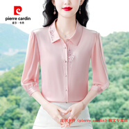 皮爾卡丹（pierre cardin）新中式夏裝新款時(shí)尚國(guó)風(fēng)刺繡真絲襯衫女士七分袖氣質(zhì)桑蠶絲上衣潮 粉紅色 M 建議90-105斤