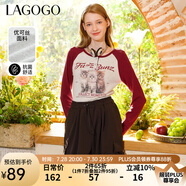 lagogo【抗菌】美式撞色插肩袖T恤女拉谷谷春季新款修身印花上衣 紅灰(HR) M