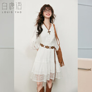 白鹿語(yǔ)簡(jiǎn)約V領(lǐng)花邊小白裙2025秋季新款氣質(zhì)鏤空連衣裙 白色 S