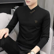 金盾（KIN DON）2025秋季新款男士大V領(lǐng)長袖T恤新款刺繡潮流款男裝打底衫批發(fā) 黑 M