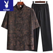 花花公子（PLAYBOY）夏裝中老年男士唐裝冰絲中式套裝國(guó)風(fēng)爺爺長(zhǎng)袖老人短袖襯衣爸爸裝 咖啡色 梅竹短袖套裝 M 39 165  推薦90-115斤