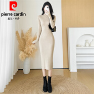 皮爾卡丹（pierre cardin）半高領(lǐng)打底針織連衣裙女秋冬修身黑色內(nèi)搭中長款包臀毛衣裙子 燕麥色 S (建議75-90體重 )