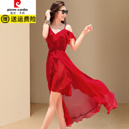 皮爾卡丹（pierre cardin）女裝紅色連衣裙子2025新款春秋雪紡夏季高端吊帶禮服沙漠沙灘拍照 紅色 S