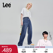 Lee【張凌赫代言】中藍色水洗428懶懶褲高腰女顯瘦寬腿牛仔褲潮流 中藍色2 24