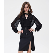 AUI黑色氣質(zhì)V領(lǐng)長(cháng)袖雪紡襯衫連衣裙女秋季職業(yè)通勤中長(cháng)款小眾開(kāi)叉裙 黑色 XL