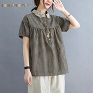 夏典素訂女王（SE.PSTP）亞棉麻格子襯衫胖m妹大碼女裝蕾絲娃娃領(lǐng)排扣套頭襯衣加I肥短袖上 黑格今年流行的輕奢母親女神節 L 【100-130斤】