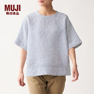 無印良品 MUJI 女式 亞麻水洗 短袖罩衫 BCA02C0S 海軍藍X條紋 M-L