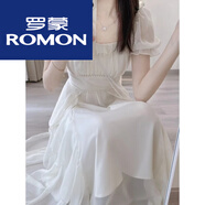 羅蒙雪紡連衣裙女2025春夏新款法式溫柔甜欲風(fēng)超仙女花邊收腰過膝長裙 米白色 XL
