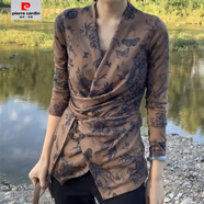 皮爾卡丹（pierre cardin）時尚秋季新款復(fù)古印花氣質(zhì)不規(guī)則長袖襯衫新款顯瘦修身V領(lǐng)上衣 圖片色 L 建議115斤以下