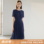 顏域（YANYEE）短袖百褶連衣裙2024夏天新款女裝氣質(zhì)女神范收腰顯瘦氣質(zhì)a字裙 深藍(lán) S/36