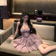 奮斗服飾（FEN DOU FU SHI）無(wú)標優(yōu)品吊帶裙顯瘦遮肚子小個(gè)子性感紫色領(lǐng)蕾絲疊層收腰連衣裙收 連衣裙【海島風(fēng)連衣裙/法式掐腰 S