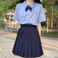 酷章（KUZHANG）學生jk制服短袖襯衫百褶半身短裙中長款套裝班服夏學院風大碼襯衣 女套裝(水色襯衫+藏青交叉領結(jié)+ XS
