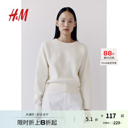 H&M女裝毛針織衫秋季柔軟舒適短款長袖針織毛衣1245153 白色 155/80 XS