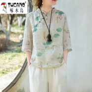 啄木鳥(niǎo)夏季新款中式禪意國風(fēng)女裝上衣文藝短款寬松棉麻襯·衫套頭復古上 仲夏之夢(mèng) L 建議115-130斤