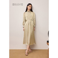 OBBLIGATO奧麗嘉朵2025秋季新款立體褶皺花瓣領(lǐng)釘珠系帶連衣裙 淺金 S