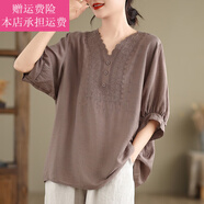 Fickan麻料女裝亞麻高級(jí)女上衣短袖刺繡棉麻襯衫女夏薄款寬松顯瘦氣質(zhì)文 咖啡色（少量） 均碼 【建議90-160斤】