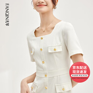 凡琴單排金扣小香風(fēng)連衣裙職業(yè)OL簡約通勤顯瘦裙子 杏色 L 