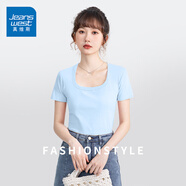 真維斯（JEANSWEST）黑色方領(lǐng)短袖t恤2025夏季新款薄款短修身顯瘦低領(lǐng)露鎖骨體恤上衣 天藍(lán) 純色 L
