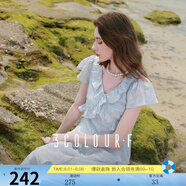 三彩獨醒2025夏季新款法式荷葉邊V領雪紡連衣裙A字裙長裙度假F 冰川藍 L 165/88A