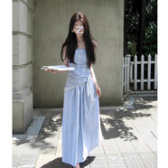 心楠藍色格紋蕾絲抹胸連衣裙女夏季法式浪漫氣質(zhì)高級感吊帶無袖長裙子 藍色送頭巾M碼【建議100-110斤】