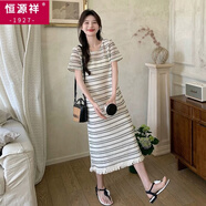 恒源祥小香風條紋裙子女夏季2025新款韓系感流蘇休閑直筒T恤連衣裙 花色 條紋裙 S 建議(80-100斤)