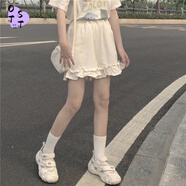 OTST日系軟妹短褲女夏季學(xué)生韓版寬松顯瘦學(xué)院風(fēng)百搭松緊腰荷葉邊褲子 白色 S 80-90斤