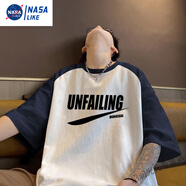 NASALIKE美式純棉拼色印花短袖T恤男夏季ins潮流休閑百搭插肩上衣體恤半 藏青拼白C231 L (155) 100-120斤