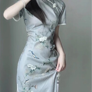 花語志旗袍中國風新中式連衣裙夏季新款小個子修身中長款改良國風女裝 新中式旗袍連衣裙【江南蓮】 M 【建議90-100斤】