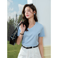 LAGOGO含桑蠶絲舒適純色T恤女拉谷谷2025夏新款簡(jiǎn)約通勤V領(lǐng)上衣 藍色 S