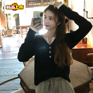 皮爾卡丹（pierre cardin）假兩件長(cháng)袖t恤女2025春秋裝新款韓版v領(lǐng)打底衫學(xué)生寬松百搭上衣 黑色 S (關(guān)注店鋪，優(yōu)先發(fā)貨)