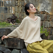 25夏棉麻女裝新品高定設(shè)計慵懶調(diào)性肌理V領(lǐng)手縫線女式前短后長T恤 原麻（手縫線 均碼