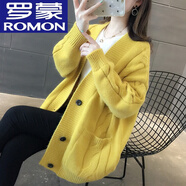 羅蒙（ROMON）愛依服秋季百搭毛衣開衫女外套2022年新款寬松麻花中長(zhǎng)款針織衫 黃 均碼