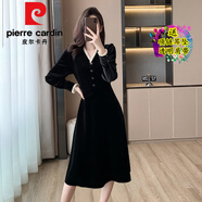 皮爾卡丹（pierre cardin）2025秋冬韓版名媛氣質(zhì)絲絨V領(lǐng)長袖連衣裙黑色小禮服女打底裙長裙 黑色 S