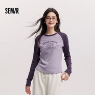 森馬（Semir）長(cháng)袖T恤女拼色插肩袖小狗套頭衫鹽系潮冬季修身抓毛衣服顯瘦 紫色調00377 2XL