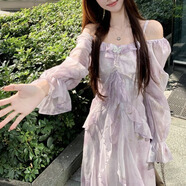 九寸陽(yáng)光法式長(cháng)袖連衣裙女新款春夏荷葉邊遮肚顯瘦長(cháng)裙子高級感仙女不規則 琉光紫 L