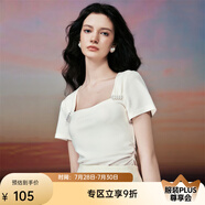 糖力【商場(chǎng)同款】夏新款米色短袖方領(lǐng)釘珠醋酸針織T恤上衣女 米色 L