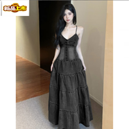 初徑氣質(zhì)名媛女裝夏時(shí)尚復古露背收腰顯瘦長(cháng)裙性感牛仔大擺吊帶連衣裙 黑色(普通版) S