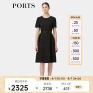 PORTS寶姿春季新品女裝優(yōu)雅純色通勤腰帶裝飾束腰短袖連衣裙 黑色-1 L (8)