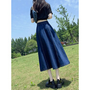 以純（YISHion）牛仔半身裙女2025春夏季高腰顯瘦a字大擺傘裙子中長(zhǎng)款遮胯梨形 深藍(lán)色【全新版】 S 75-94斤