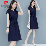皮爾卡丹棉麻中長(cháng)款連衣裙春夏新款v領(lǐng)短袖大碼胖mm收腰顯瘦氣質(zhì)亞麻裙子 寶藍色 2XL 【128-140】